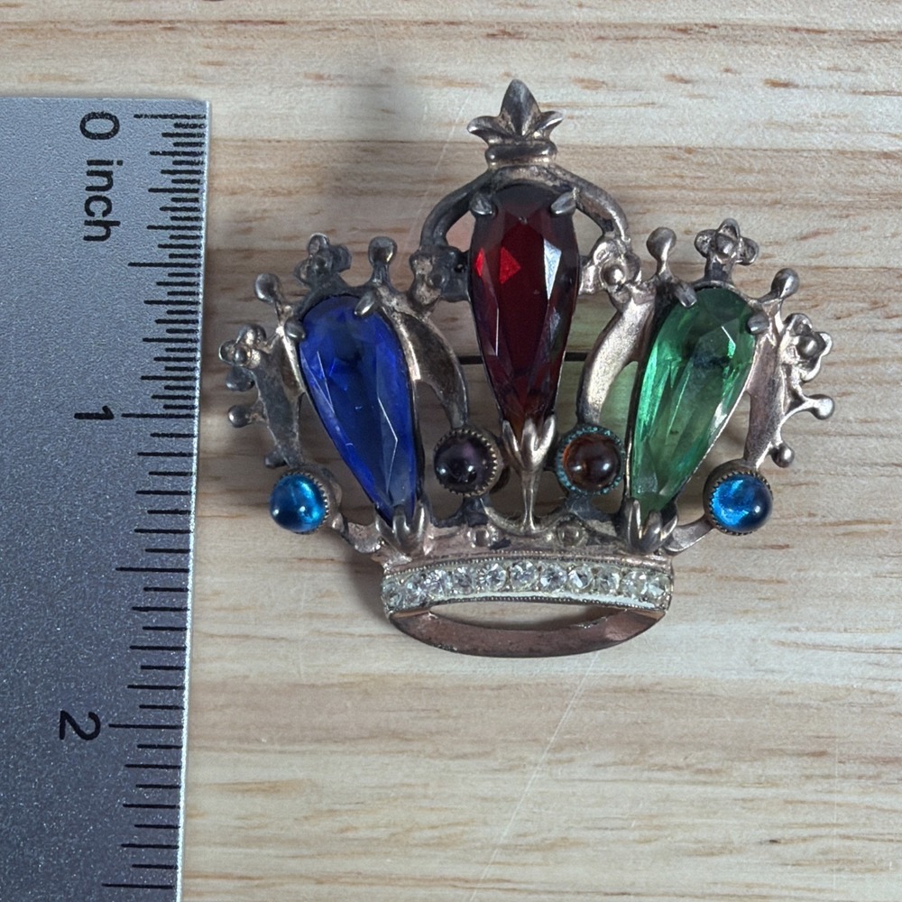 MCM STERLING GOLD WASH CROWN CORONATION RHINESTONE BROOCH PIN PENDANT - Picture 3 of 11